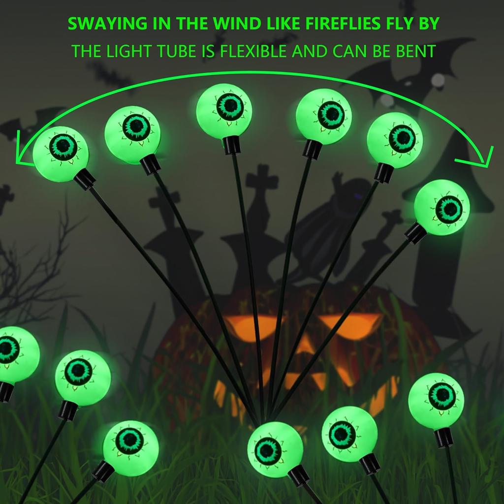 Dazzle Bright Halloween Decorations Outdoor, 4 Pack 24LED Solar Eyeball Pathway Lights, Scary Waterproof Solar Green Firefly Lights for Garden Lawn