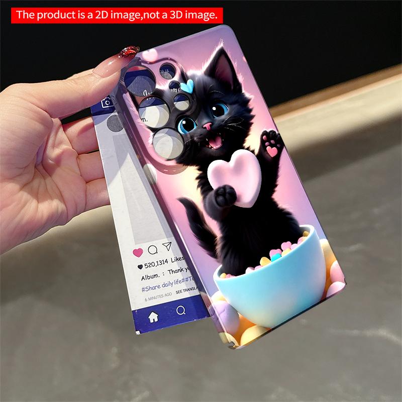 2DFlat Samsung phone case Cute Black Kitten Holding Heart in Pastel Bowl Applicable to Galaxy S23 S24 S25ULTRA S26 A12 A14 A15 A16 A54 A55