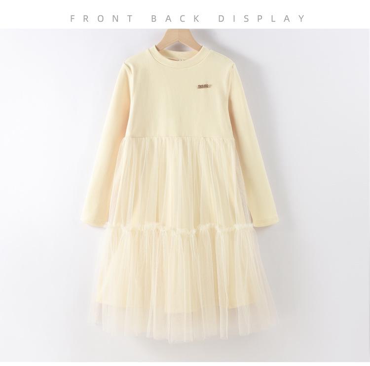 Стильное платье для девочек с длинными рукавами и юбкой из сетчатого тюля на весну и осень 2025 г.