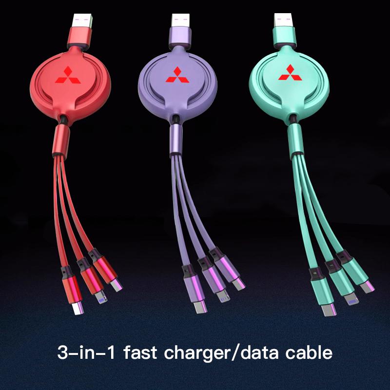 Car Fast Charging 3 In 1 Stretch Data Cable Apple Android Charger For Mitsubishi Xforce ASX L200 Eclipse Cross Outlander Pajero NH9
