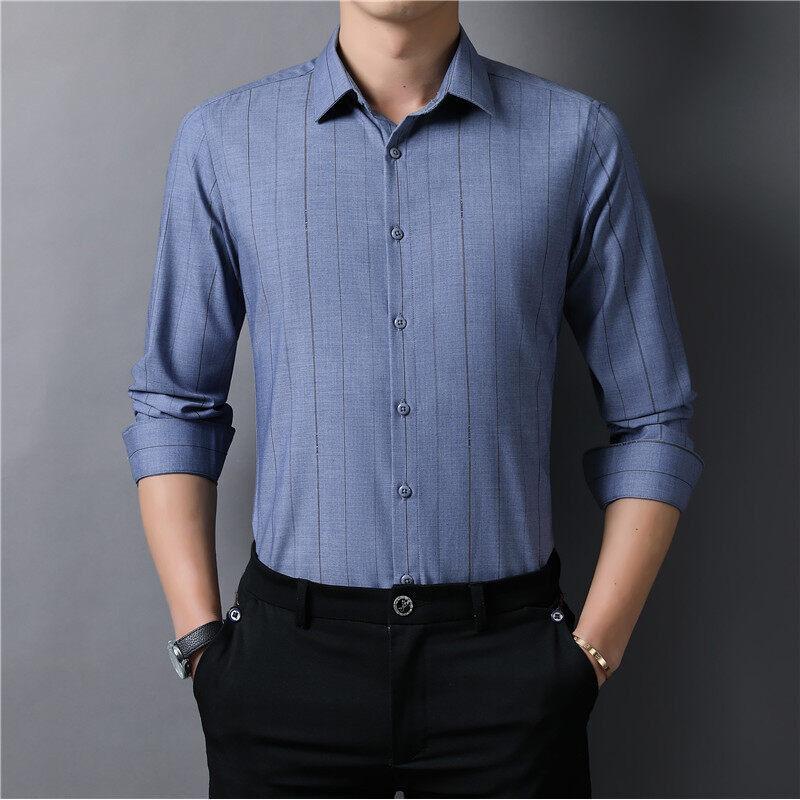 Мужские полосатые рубашки с длинным рукавом, деловая повседневная официальная рубашка для мужчин