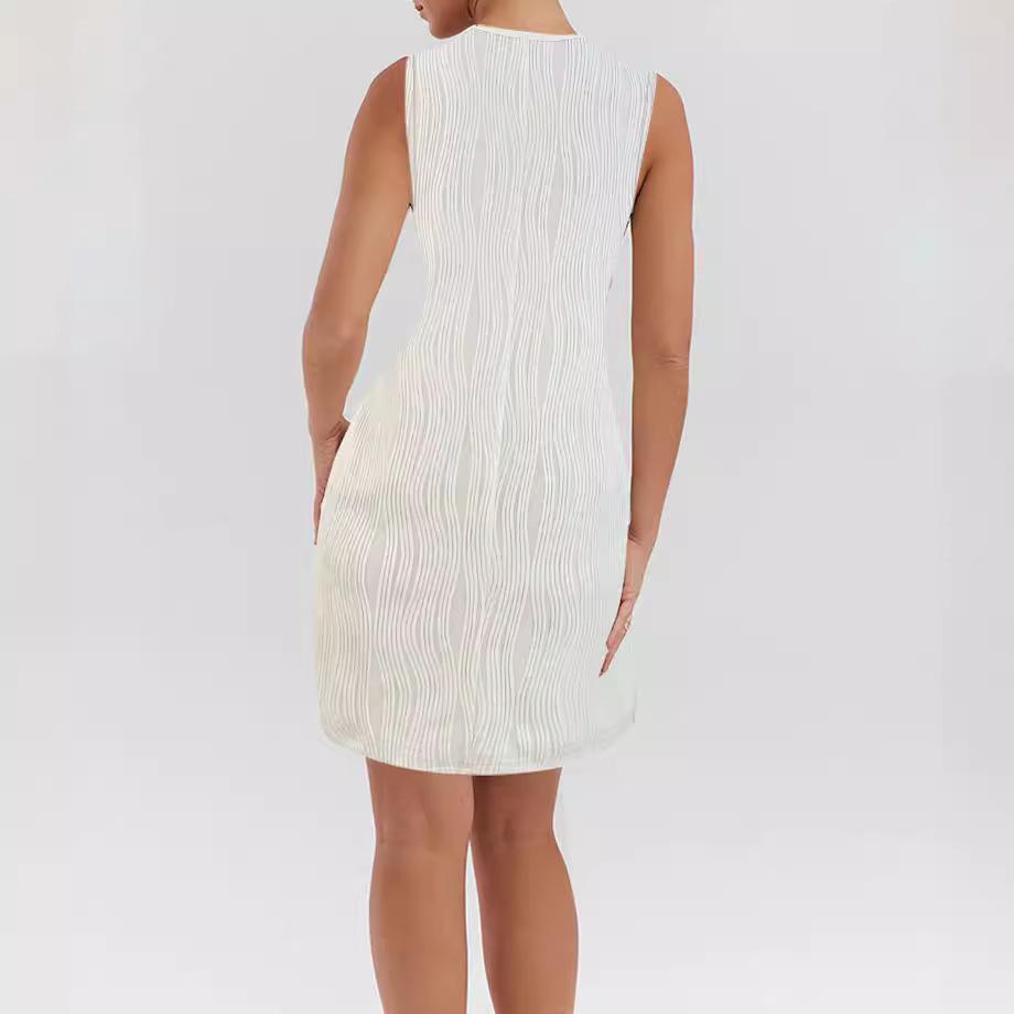 VEZFAA Women's Fashion Summer Spring Solid Color Print Sleeveless V-Neck Loose Waistline Casual Dresses