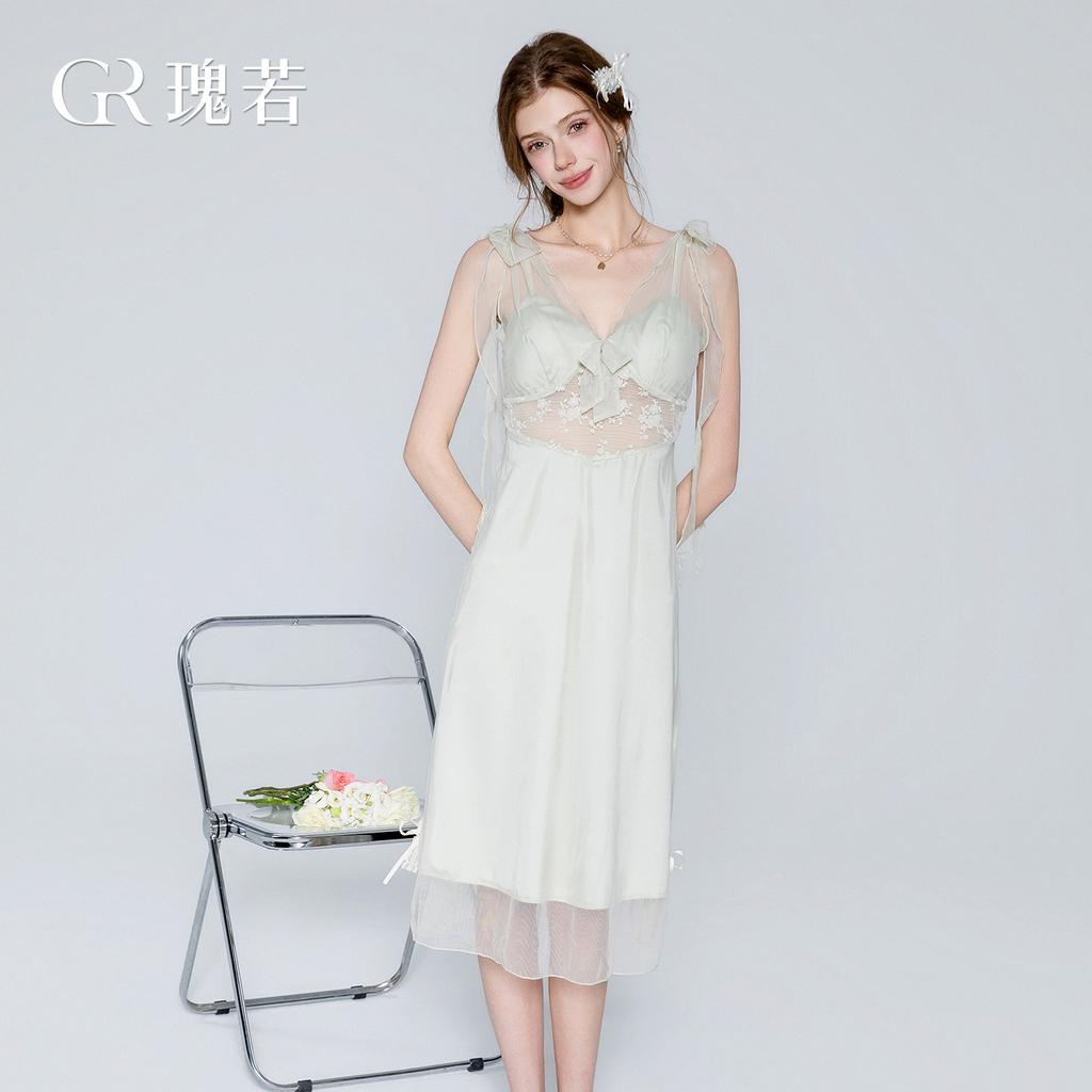 Women's Sheer Mesh Bow Ribbon Deep V Backless Push Up Padded Sleep Dress