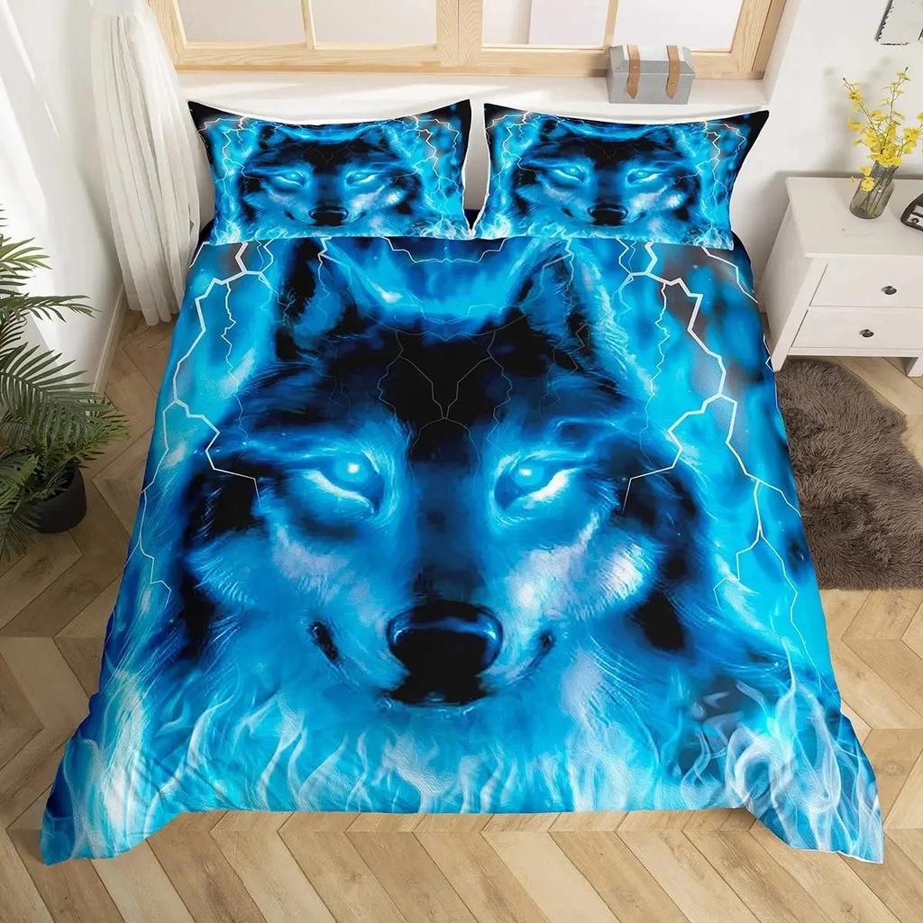 Boys Wolf Duvet Cover Set Queen Size Boho Wolf Wildlife Animal Bedding Set Men Galaxy Dream Catcher Moon Polyester Quilt Cover