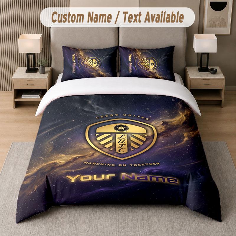 Custom Bedding Set Leeds United Pattern, Print Name Text 1 Duvet Cover plus 2 Pillowcases Home Textile