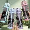 1PC Black Cat Stripe Background Print 750ml Color Plastic Sports Water Bottle Leakproof Flip Straw Lid Suitable for Sports Office Home Use