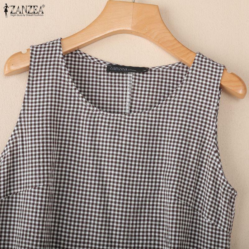 ZANZEA Женское повседневное летнее платье без рукавов с круглым вырезом и принтом в клетку