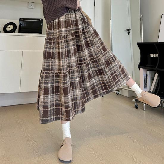 Юбка шерстяная с высокой талией, женская клетчатая юбка с оборками и строчкой, юбка-трапеция, осенне-зимняя шерстяная юбка на каждый день