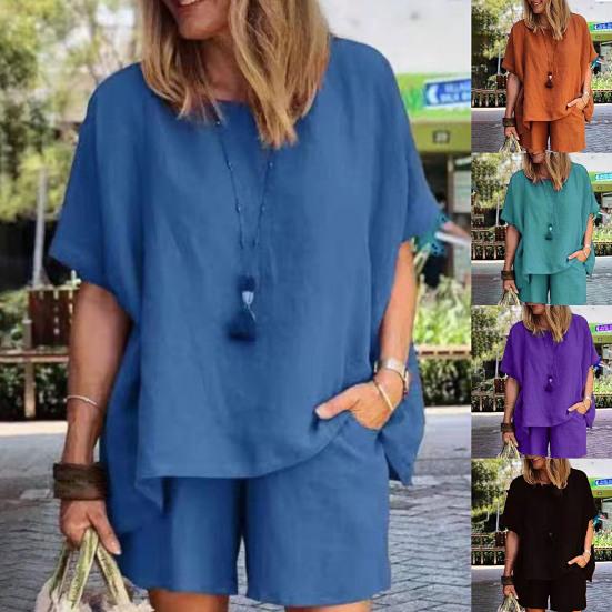 2 шт./компл. пуловер женский костюм с круглым вырезом плюс размер однотонный топ шорты костюм женский аксессуар