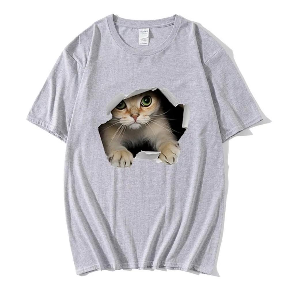 Cute Cat Print Men's Round Neck Short-sleeved T-shirt 100% Cotton Summer Casual Short-sleeved Harajuku Street Unisex Sports Top