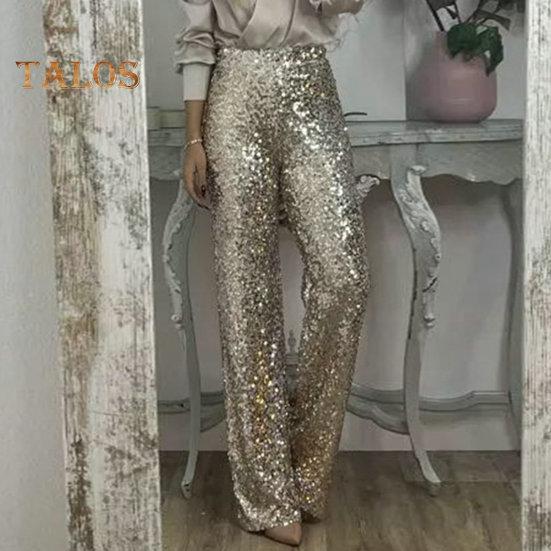 Women Sequins Long Pants High Waist Slim Fit Shining Trousers Solid Color Elastic Flared Pants Streetwear
