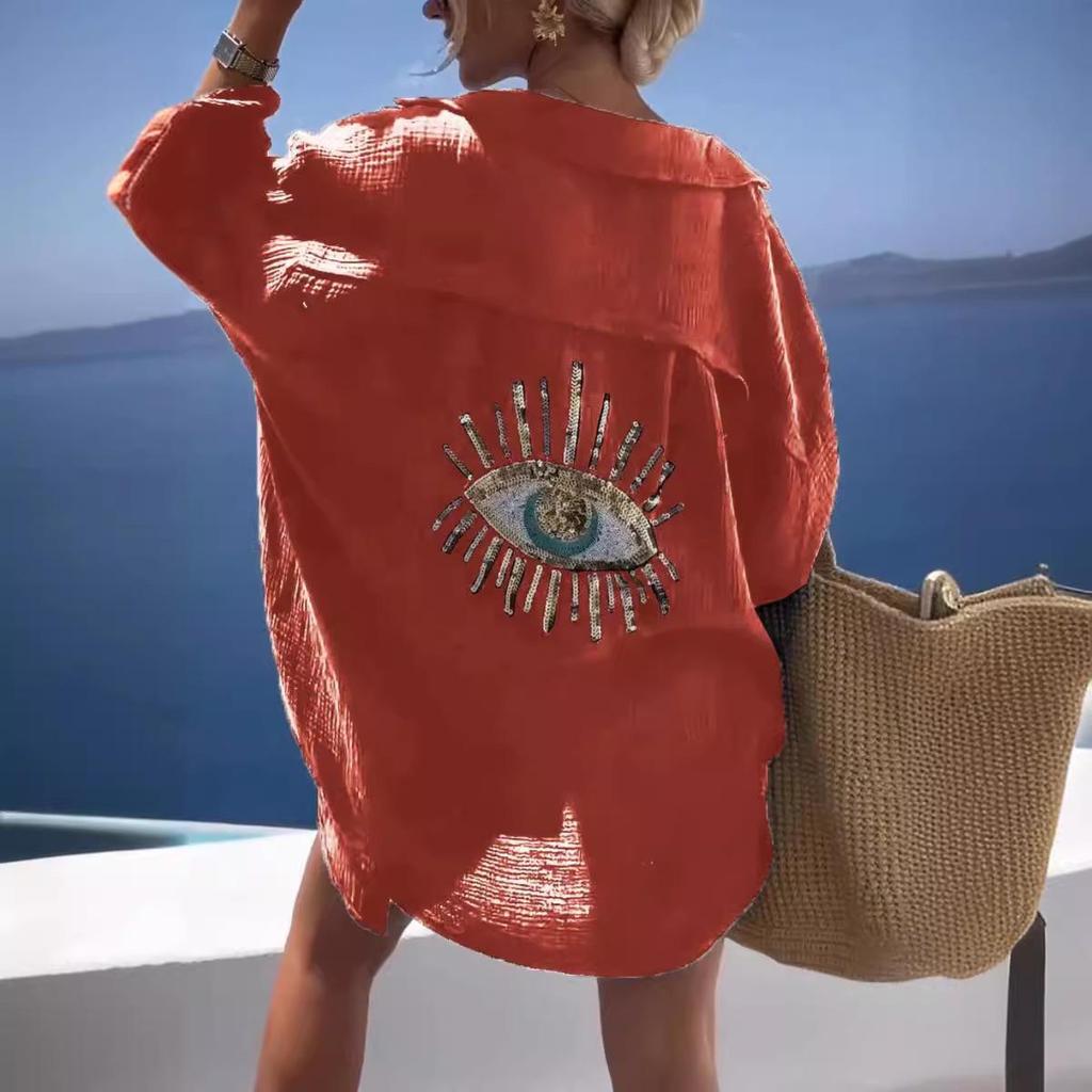 Женская повседневная хлопково-льняная рубашка с длинным рукавом и отложным воротником, весна/лето 2024