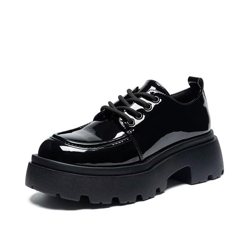 Женские туфли из маленькой кожи на толстой подошве, новые осенние, в университетском стиле, универсальные черные одинарные туфли с круглым носком