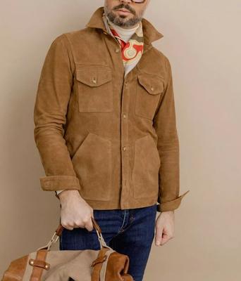 Куртка мотоцикла ручной работы из коричневой замши на пуговицах для мужчин, 100% кожа