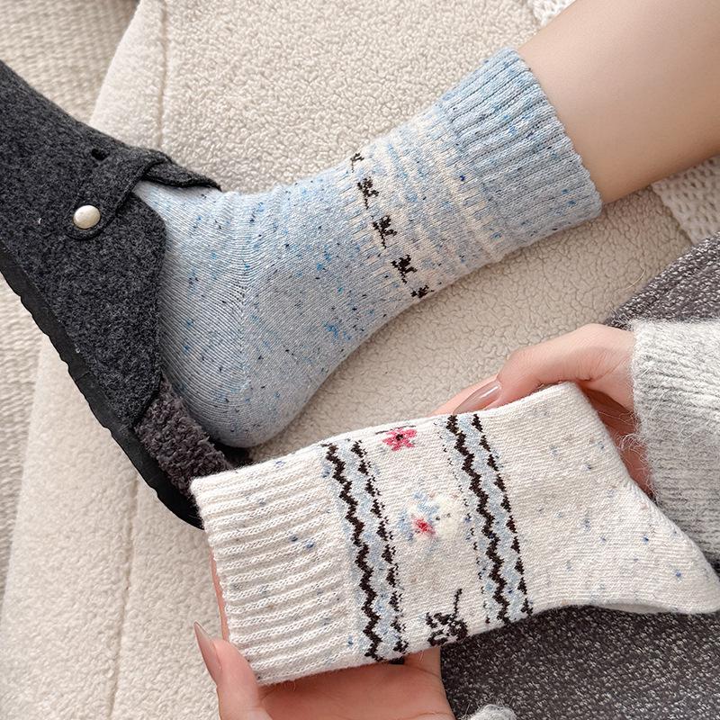 Women's Fair Isle Cashmere Knee-High Socks: Thick, Warm, Heat-Storing, Snowflake & Reindeer Design, Christmas Mid-Calf Woolen Comfort.