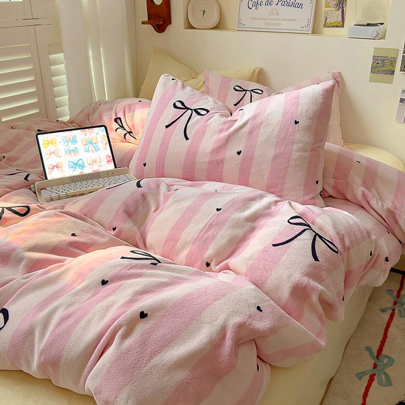 Cozy Velvet Bowknot Bed Set: Thick Warm Quilt Cover & Coral Fleece Sheet for Student Dorms