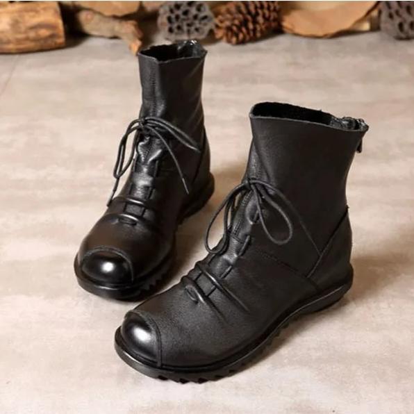 Johnature Ботильоны из натуральной кожи на мягкой подошве, универсальные черные, на шнуровке, с молнией сзади, теплые женские ботинки
