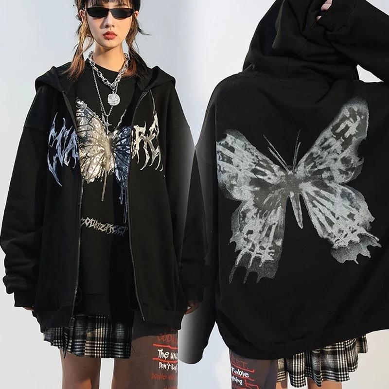 Dark Style Sweatshirt Ladies Hoodie Goth Couple Butterfly Skull Harajuku Large Size Zip Sweater