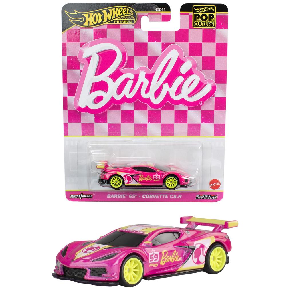 Hot Wheels Pop Culture Barbie 65th Anniversary Corvette Vehicle Toy Mini Car Ages 3 and Up Pink HVJ51 - C8.R