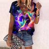 Women's Top Summer New Fashion Rose Flower Beautiful Birds Printed Casual Zipper V-neck Short Sleeve Top