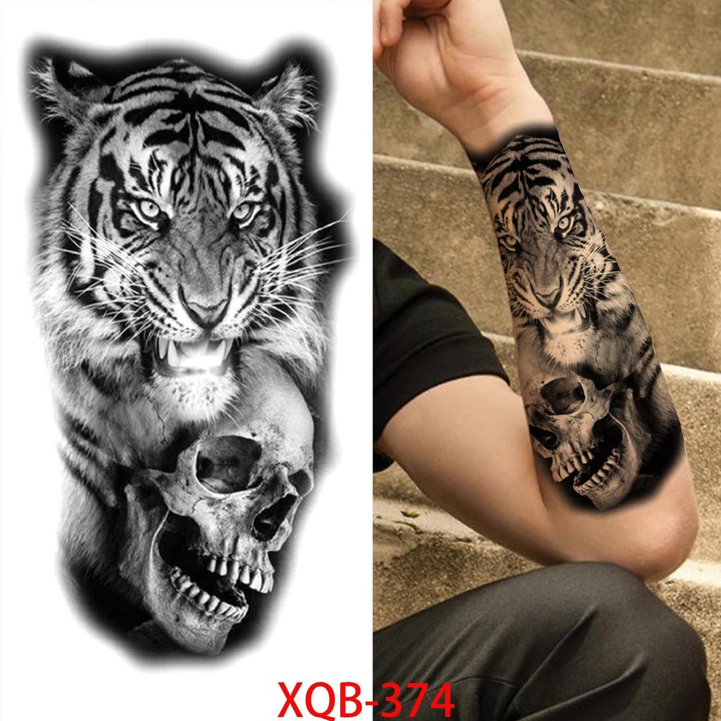 1 PC 210*114MM Cat Geometry Black Temporary Tattoos For Men Women Black Forest Skull Tiger Wolf Tattoo Sticker Evil Devil Arm Tattoo