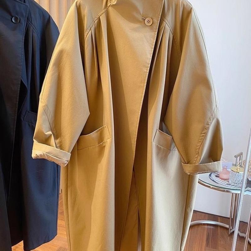 Высококачественная верхняя одежда с воротником-стойкой, весенняя, большого размера, женская, повседневная, свободная, средней длины, ветровка, подкладка, куртка цвета хаки, черный топ