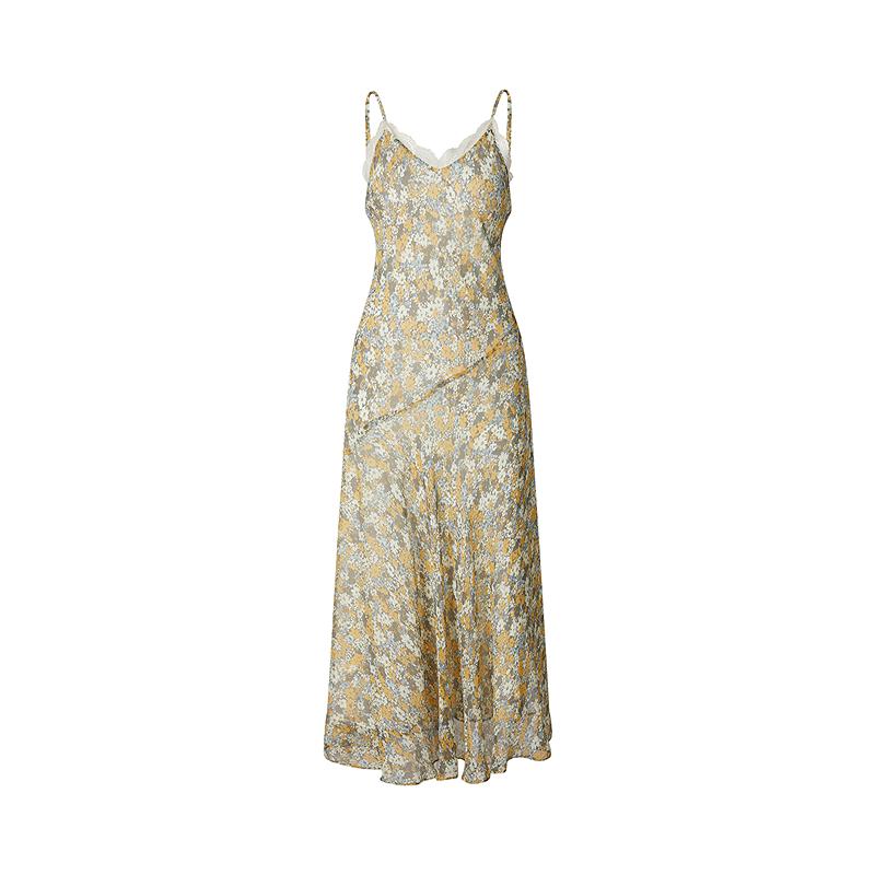 [Trailing Wandering] Jiuzi Anna Kou Lace Edge Plant Printed Strap Dress for Women, Summer 2026 New Collection