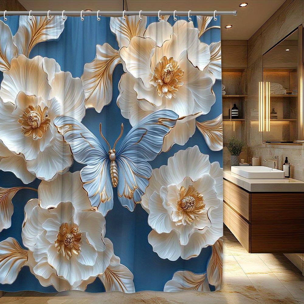 Golden Floral Butterfly Waterproof Mildew-Resistant Shower Curtain - Elegant Design for a Luxurious Bathroom Décor Experience