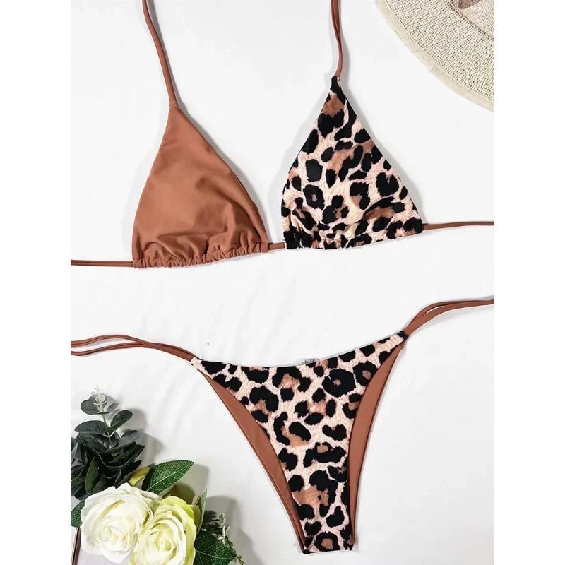 Бикини с леопардовым принтом и бретельками через шею 2025 года, мини-микробикини, женский купальник, женский купальник, комплект бикини из двух частей, купальный костюм, плавание