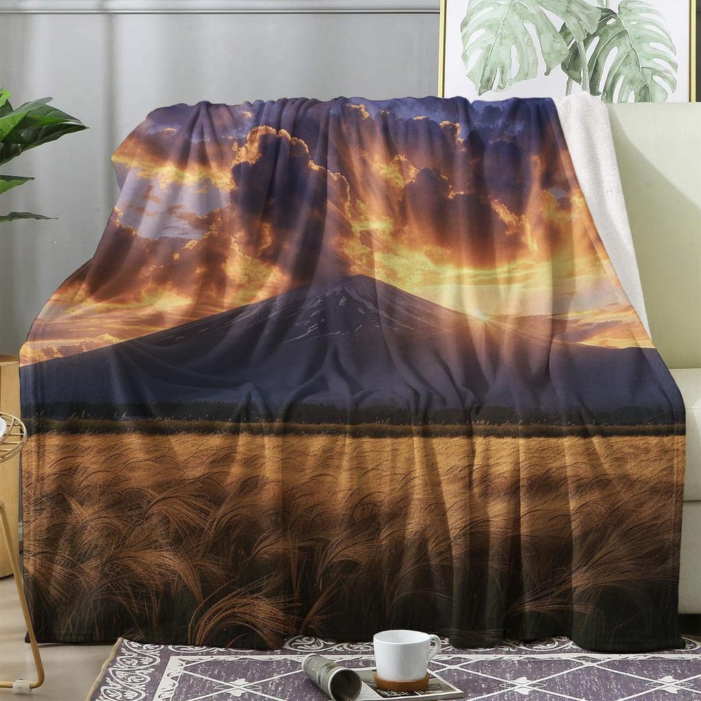 Rustic Wheat Field Fleece Throw Blanket, Soft Cozy Countryside Scene Flannel Blanket for Sofa Camping Trips Office Nap Blanket