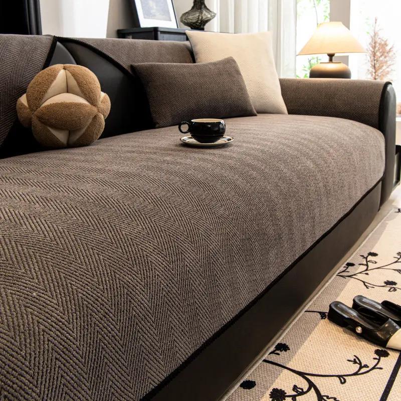 Solid Color Minimalist Non-Slip Chenille Sofa Cover Green New All-Season Premium Fixed Cushion Specialized Leather Sofa Cover