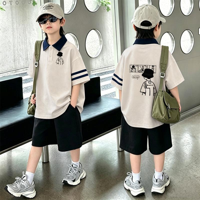 Boys' Korean Style Cotton Lapel T-Shirt & Shorts Set - Summer Casual Two-Piece Outfit for Medium and Large Children