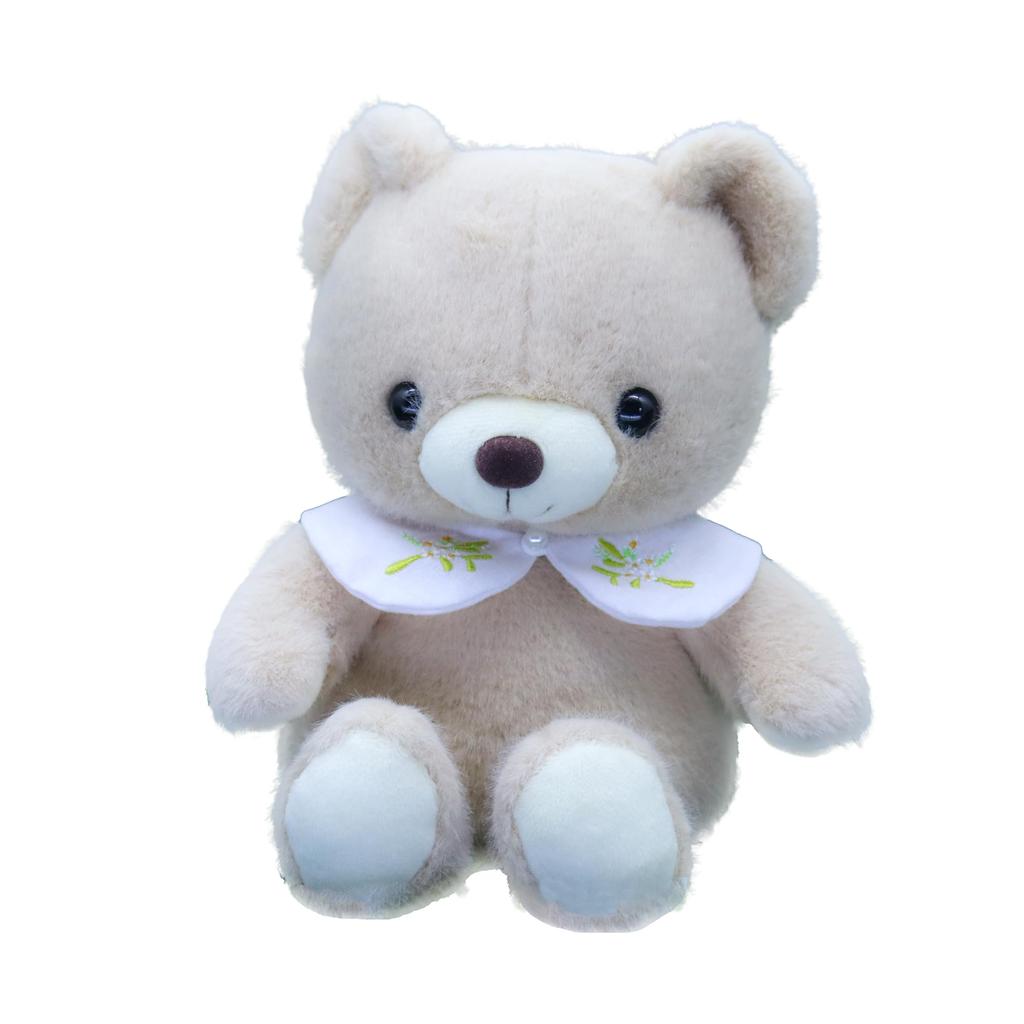 Take Off Baby Bear Drop, ретро мишка пастельных тонов с милой цветочной вышивкой на воротнике. Маленькая бежевая плюшевая игрушка с музыкальной шкатулкой.