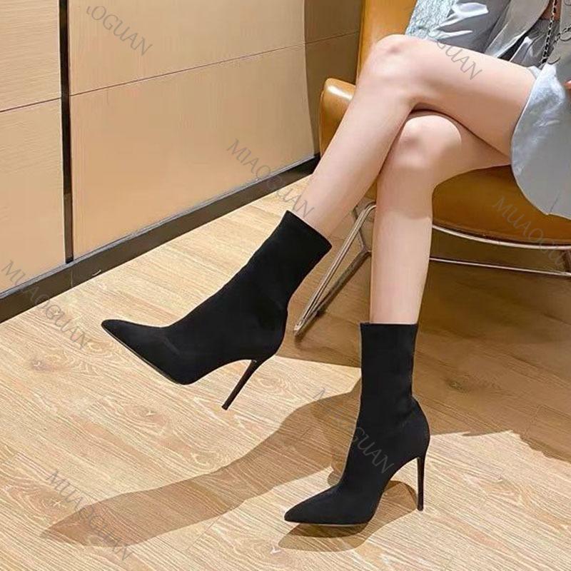 Fashion Comemore New Women Sexy Sock Boots 2025 Autumn Thin High Heels Pointed Toe Solid Black Suede Fashion Ankle Boots Women's Shoes