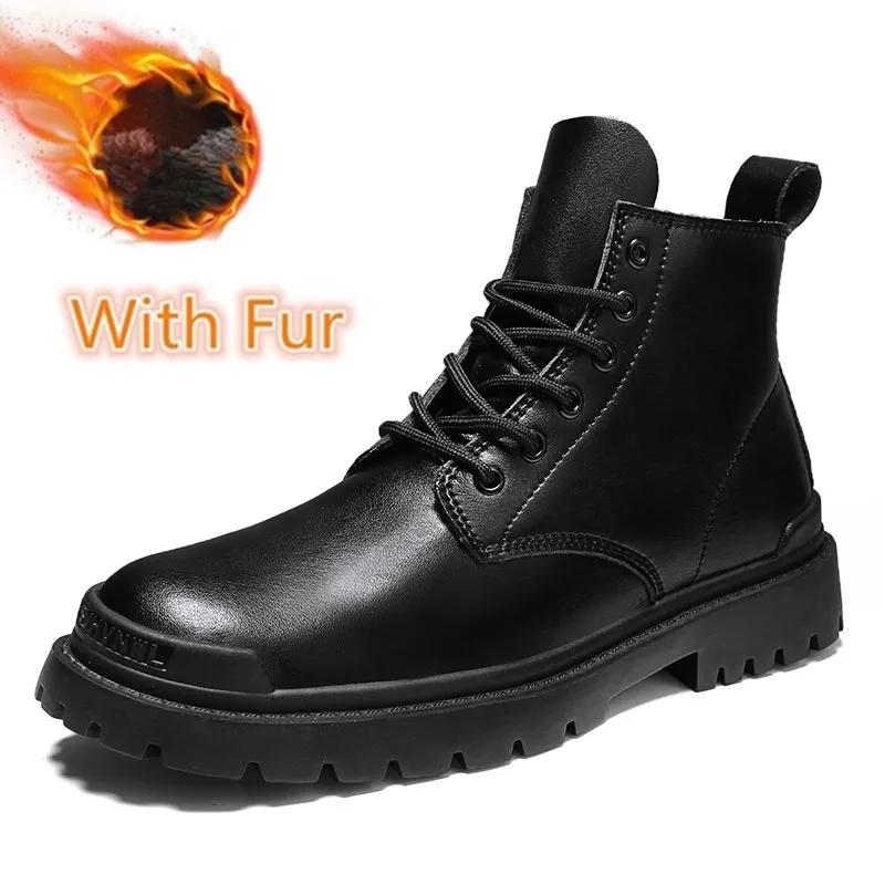 Fashion Lace-Up Men Winter Plush Snow Boots 2024 New All-match Male Boots Outdoor Men's Low Top Basic Shoes Leather Motorcycle Boots