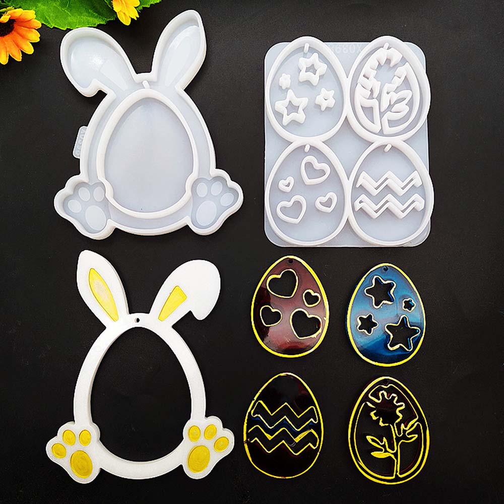 Bunny Eggs Silicone Molds Easter Egg Hanging Pendant Casting Molds Egg Rabbit Ornament Hanging Ring Tag Plaster Cement Mould