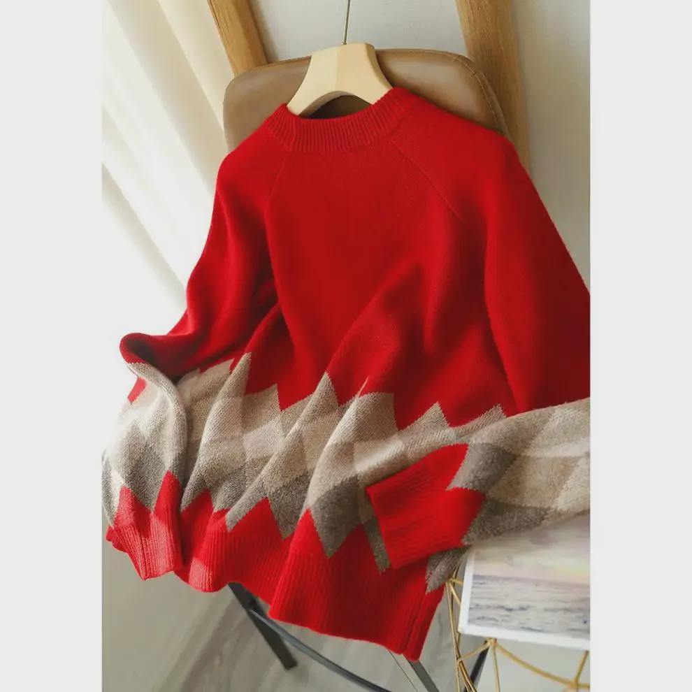 Женский свободный свитер-пуловер с красным ромбом, круглый вырез, тренд осени/зимы 2024 года