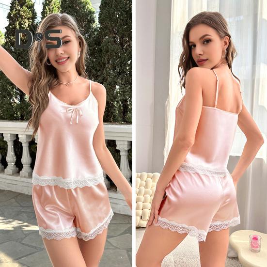2 шт./комплект женский жилет шорты костюм V-образный вырез без рукавов кружевной топ сзади высокая талия короткие брюки домашняя одежда одежда для отдыха летняя одежда для сна