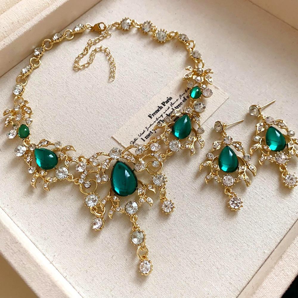 Korean Style Green Crystal Jewelry Set Multifunction Sparkling Necklace Women