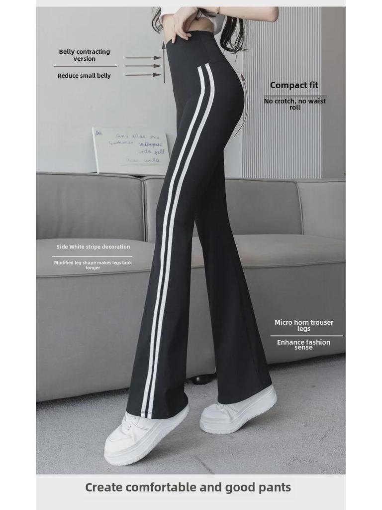 Women's High-Waist Shark Flared Pants with Side Stripes - Slim Fit Barbie Trousers for Spring Outerwear