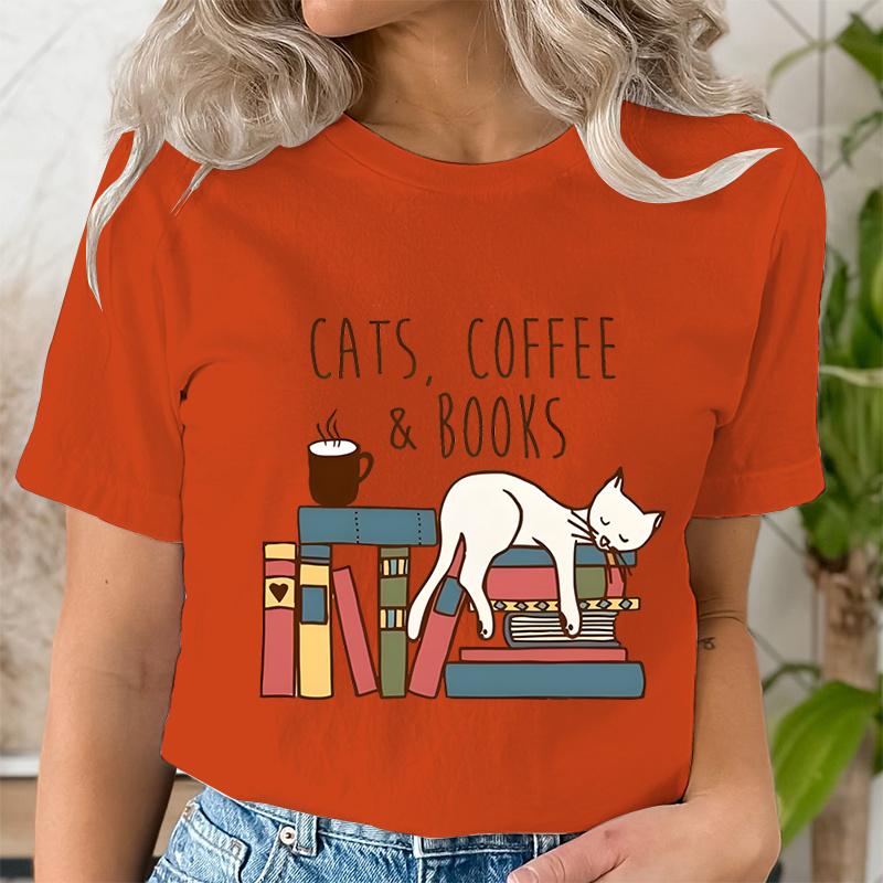 Кошки Кофе Книги Женские Милые Книголюбы Футболки Смешная Футболка для Любителя Книг Винтажные Футболки с Графикой Чтения Женские Книжные Топы Футболки