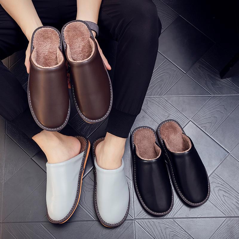 Водонепроницаемые кожаные шлепанцы слипоны с теплой плюшевой подкладкой для пар