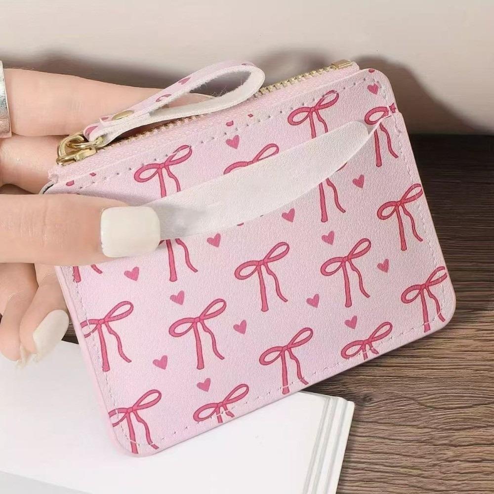 Portable PU Leather Bow Wallet Multi-card Slot Zipper Short Card Bag Multi-functional Storage Card Holder Outdoor