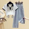 Весенне-летний костюм, женская рубашка-поло, женская футболка + свободные узкие широкие брюки, комплект из двух предметов