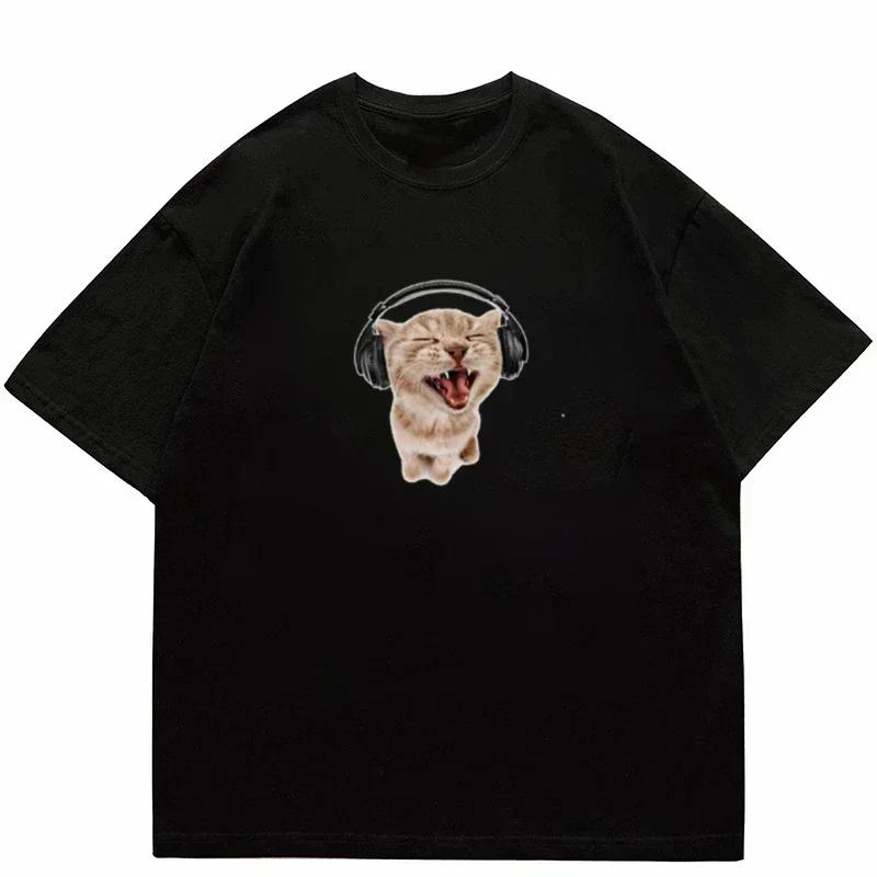 Top Style Noble Cat Love Music T-shirt Cute Cat Print Short Sleeve T-shirt Men's Harajuku Fashion Couple Loose Street Style Y2K