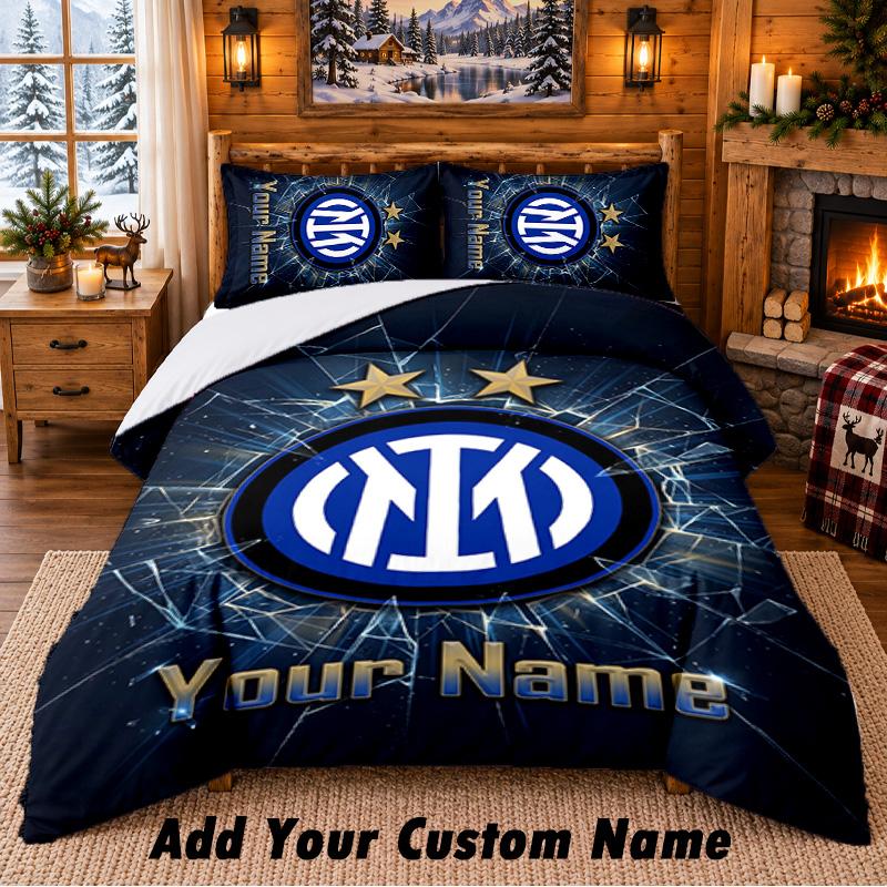 Inter Milan Pattern Bedding 3Pcs Set Custom Name, Bed Sheet And Pillowcases For Home Bedroom