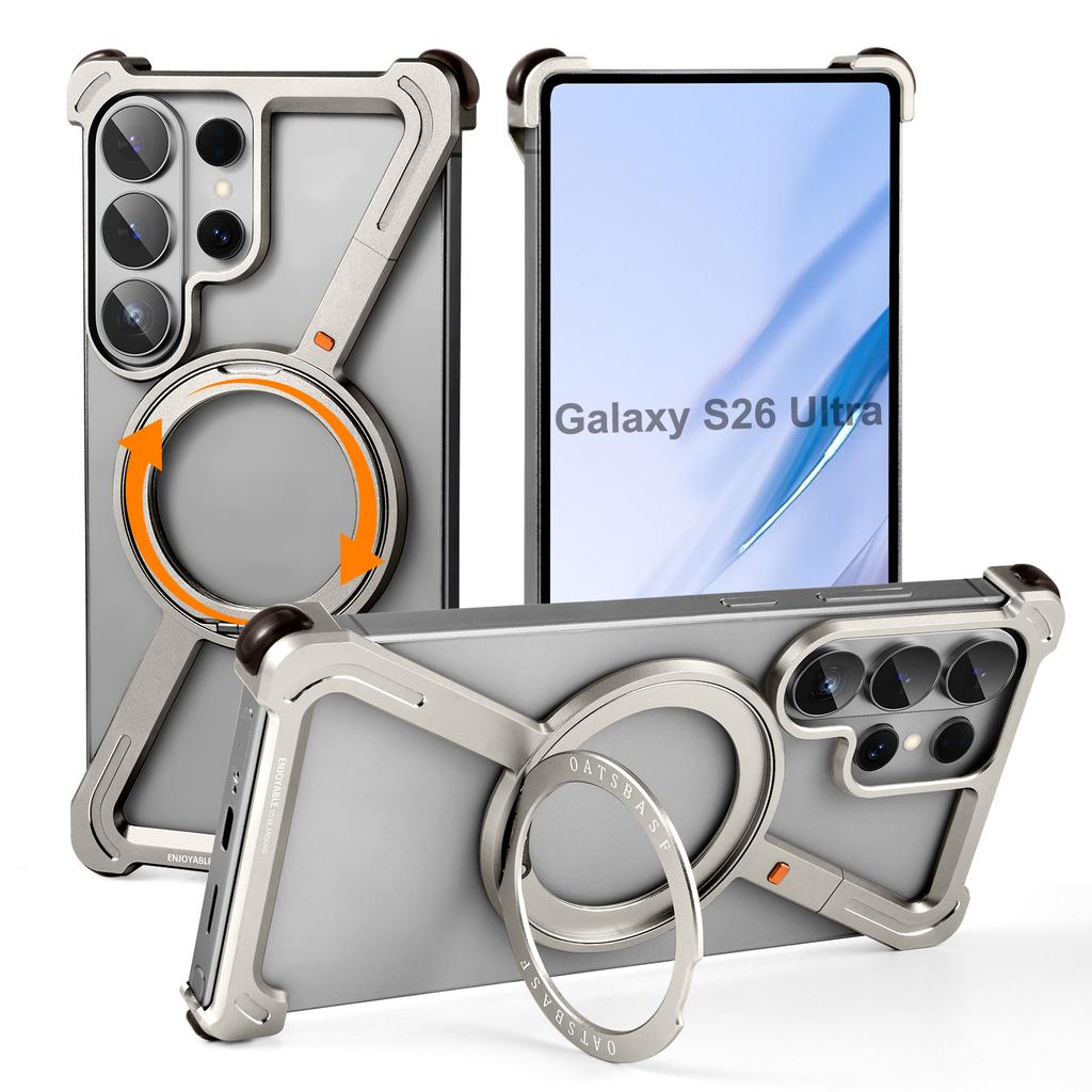 Oatsbasf для Samsung Galaxy S26 Ultra Безрамочный Металлический Бампер Z Чехол для Телефона с 360° Вращающейся Подставкой Магнитная Ударопрочная Крышка