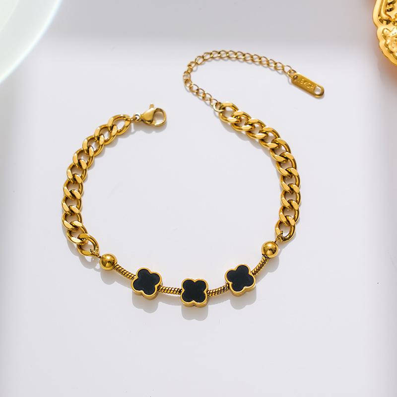 Легкий роскошный браслет Lucky Black Clover из нержавеющей стали с покрытием из 18-каратного золота и регулируемым браслетом из циркония