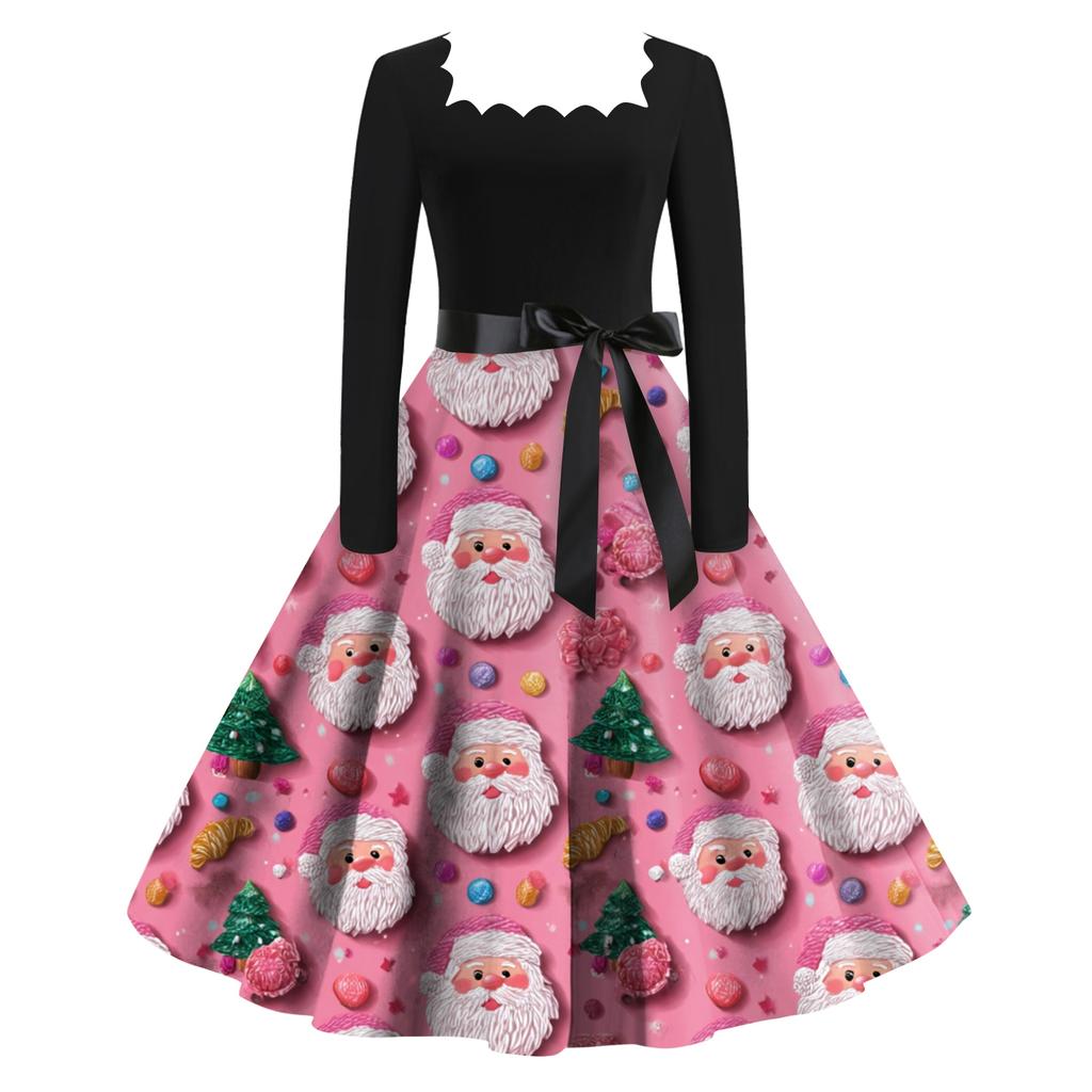 Женское модное ретро вечернее платье с длинным рукавом, квадратным вырезом и рождественским принтом