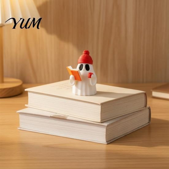 Decorative Ghost Figure 3D Printed Halloween Figurine, Red Hat Reading Sculpture Statue Holding Coffee for Holiday Party Decoration Small Collectibles